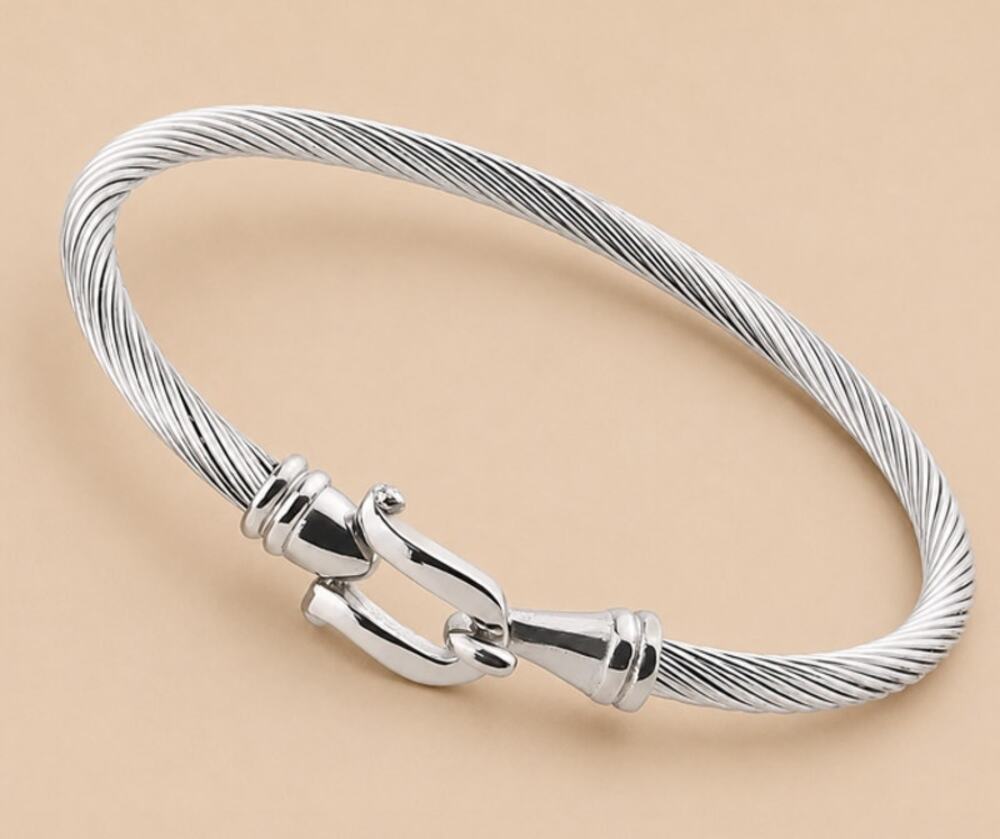 Twisted Wire Silver Color Stainless Steel Bracelet Slim Minimalist Style